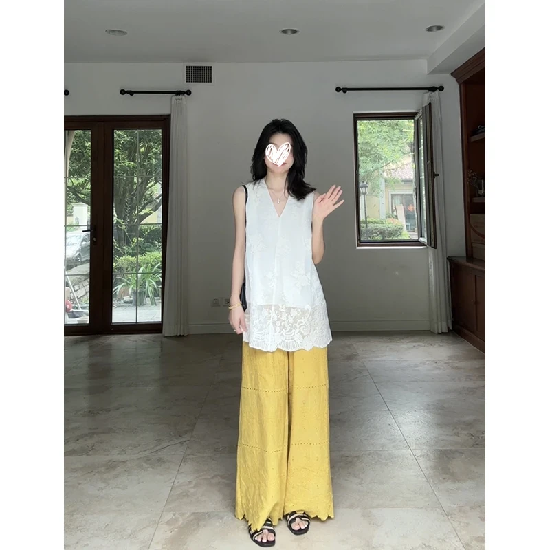 天丝棉重工绣花宽松显瘦无袖上衣+花边直筒裤1465