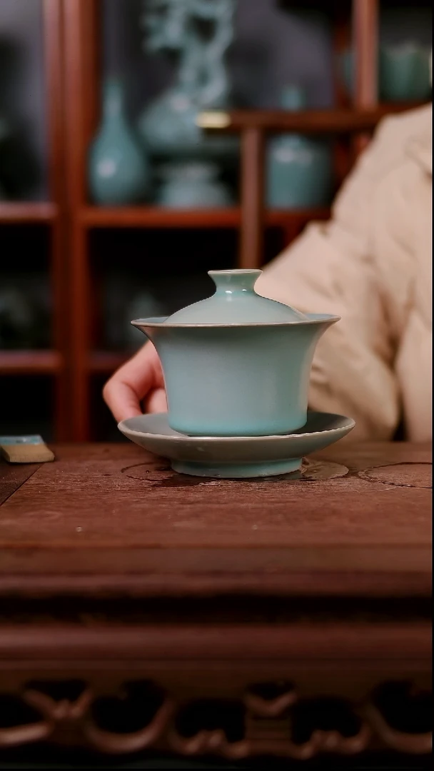 盖碗陶青霁汝窑仿古釉  马蹄盖碗微瑕