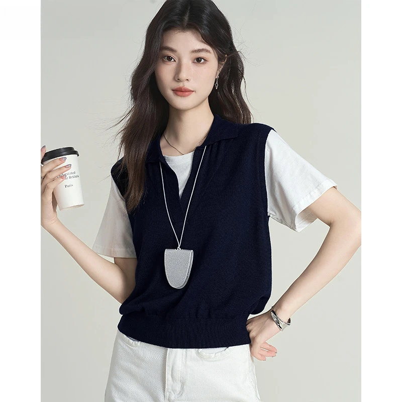 帛卡琪撞色假两件短袖T恤女2025夏季新款针织冰丝休闲体恤上衣