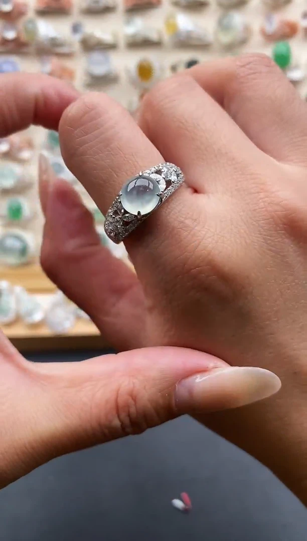 银S925镶嵌戒指翡翠缅甸天然A货翡翠3 2-10