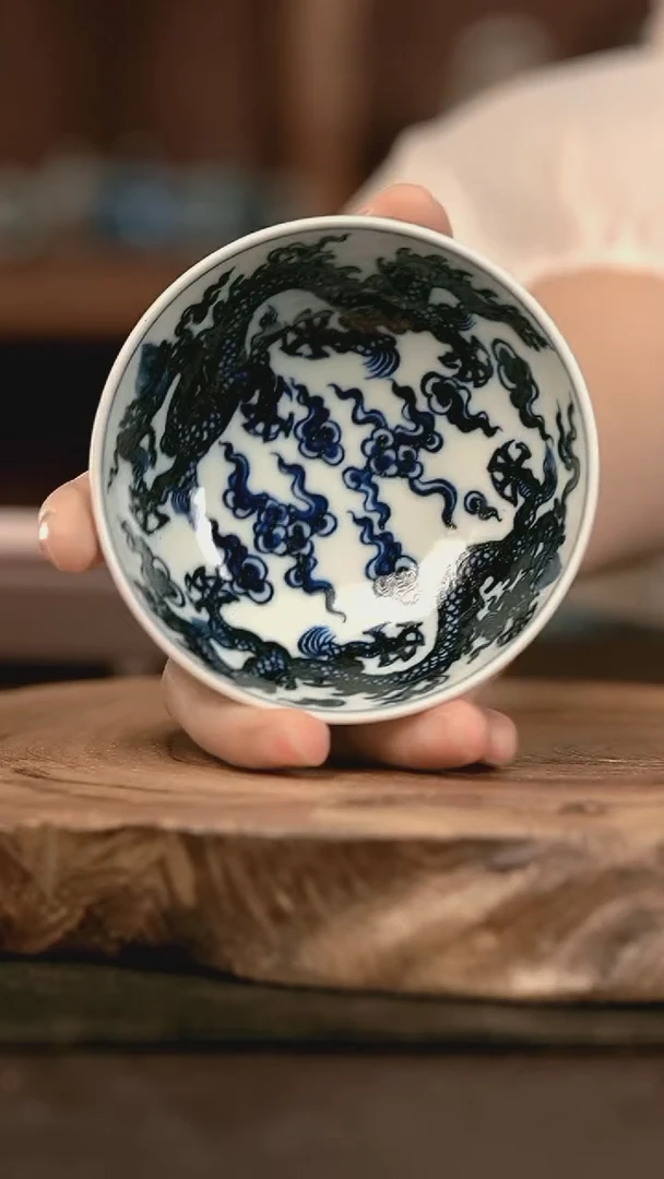 手绘高温现代瓷 气窑  双龙普洱杯100C