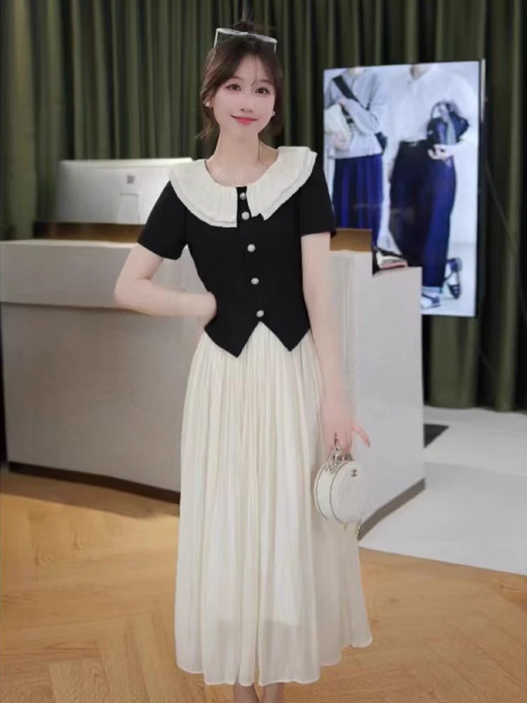 时尚小个子娃娃领短袖上衣搭配网纱半身裙夏季套装