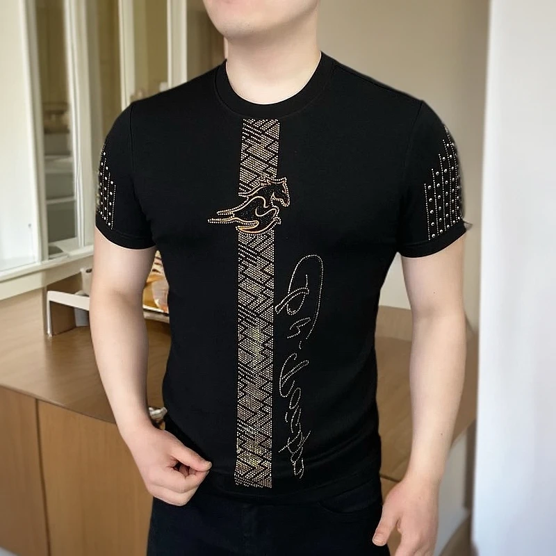 夏季男士凉快时尚黑色烫钻不变形耐穿经典短袖半袖潮流韩版帅气