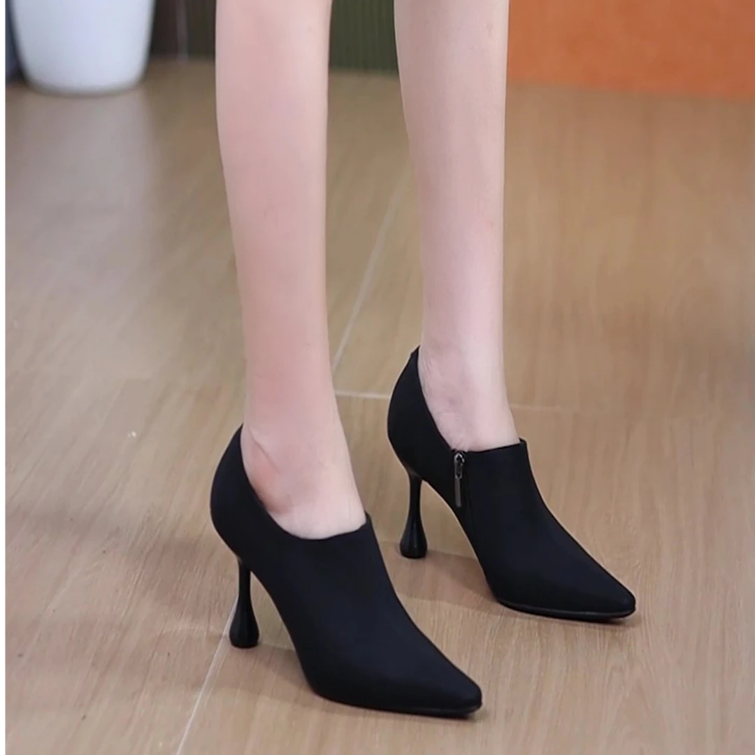 8cm法式气质尖头绒面高跟及踝靴2025秋冬软皮侧拉链细跟深口单鞋