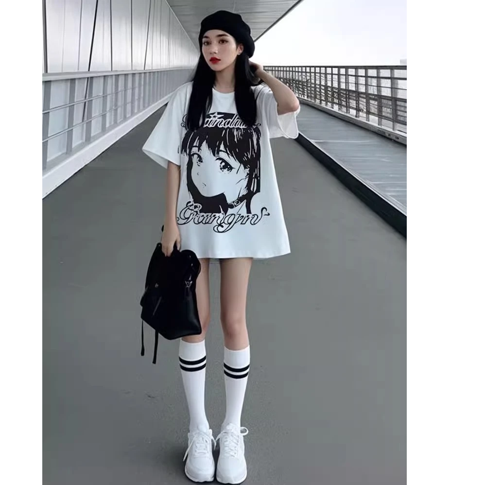 下衣失踪t恤女夏季短袖2025新款大版宽松中长款遮屁股二次元体恤