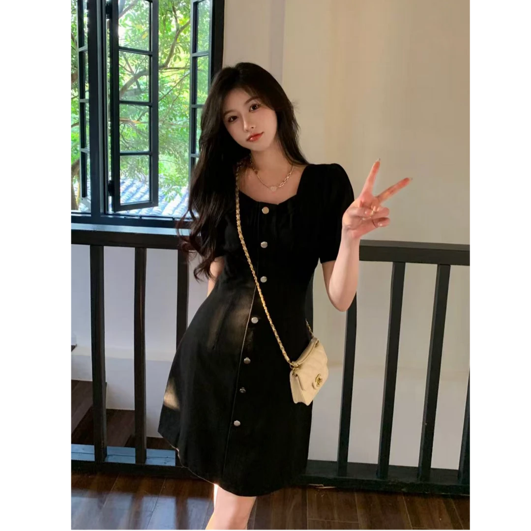 2025夏季新款胖mm夏藏肉显瘦气质泡泡袖裙大码女装牛仔连衣裙1559