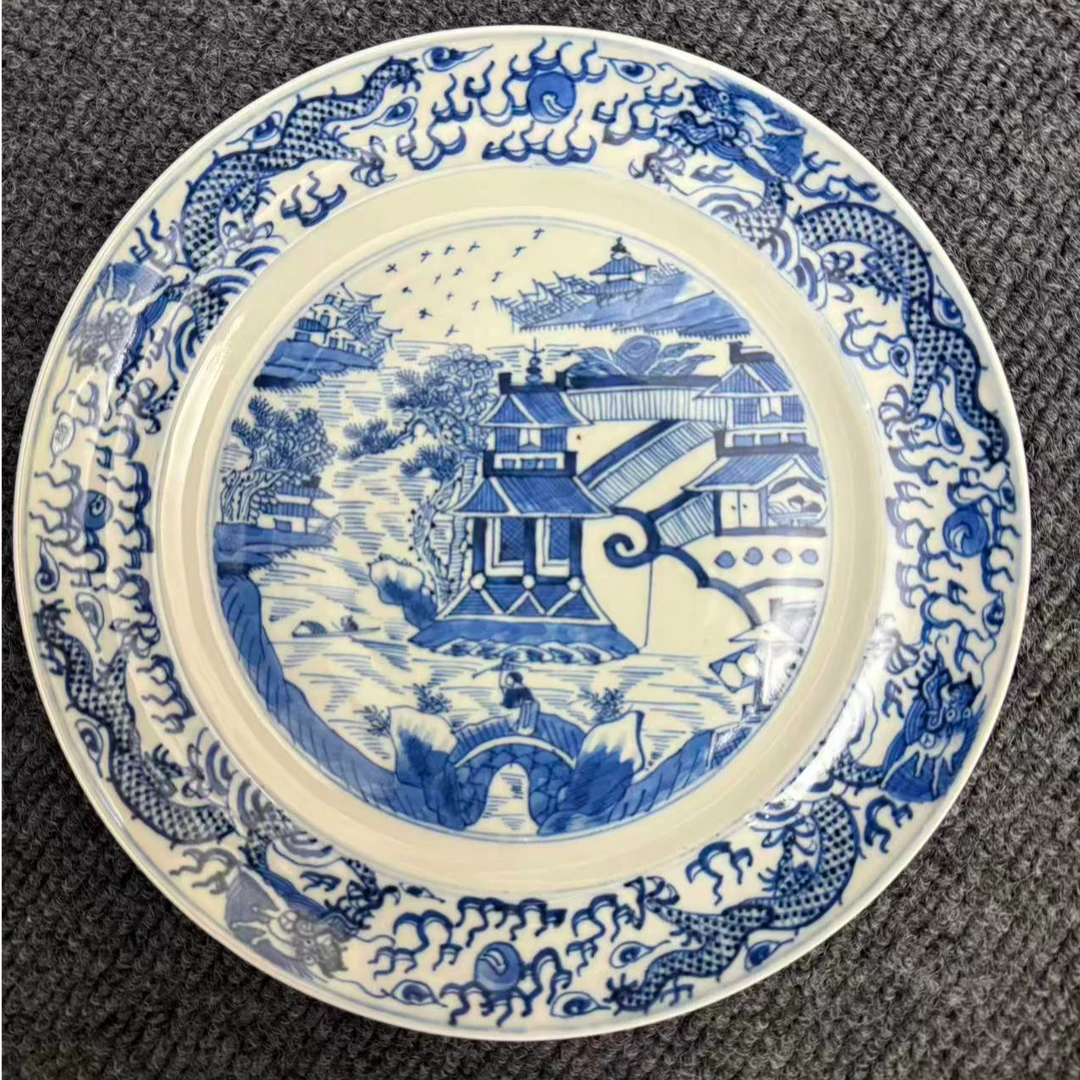 LABC251016046【十竹斋】清道光青花山水赶珠龙纹折沿盘