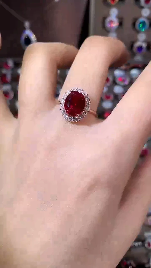 银S925镶嵌戒指红宝石810酒红玫瑰金