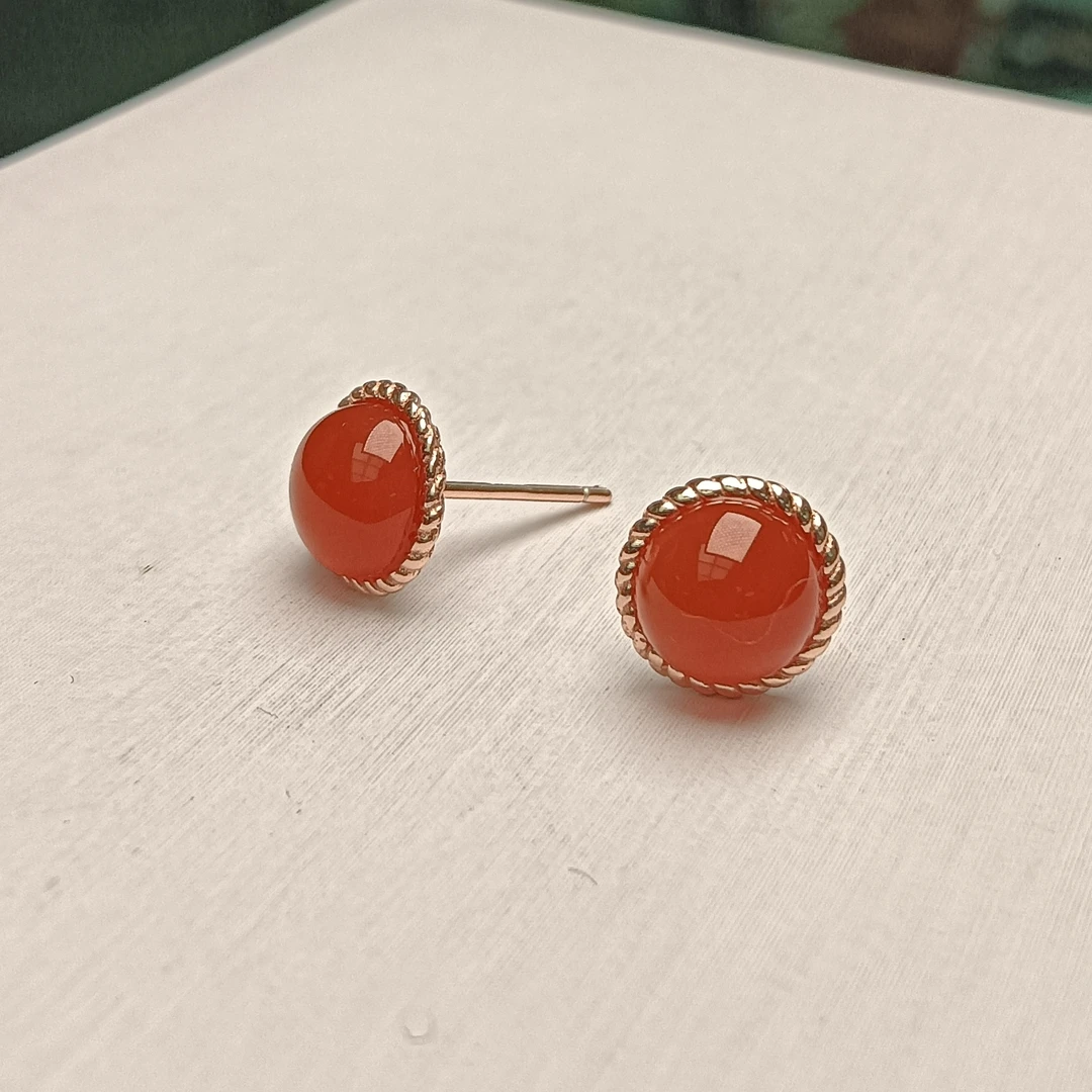 保山南红滴水洞冰红耳钉s925银戒面卡6mm+ 多样性发一