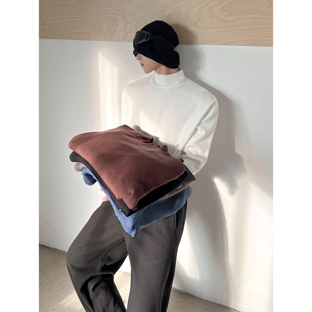 小瘦子男装 简约高级感半高领套头毛衣男秋冬纯色打底针织衫内搭