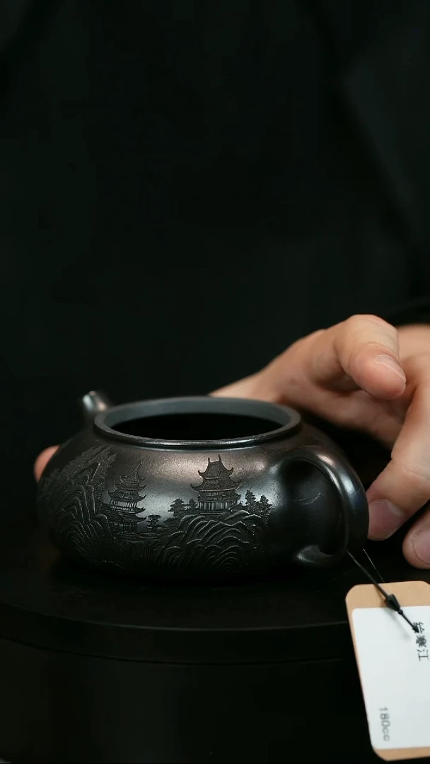 茶壶紫砂1****画H1823李传荣石黄刻绘寒江