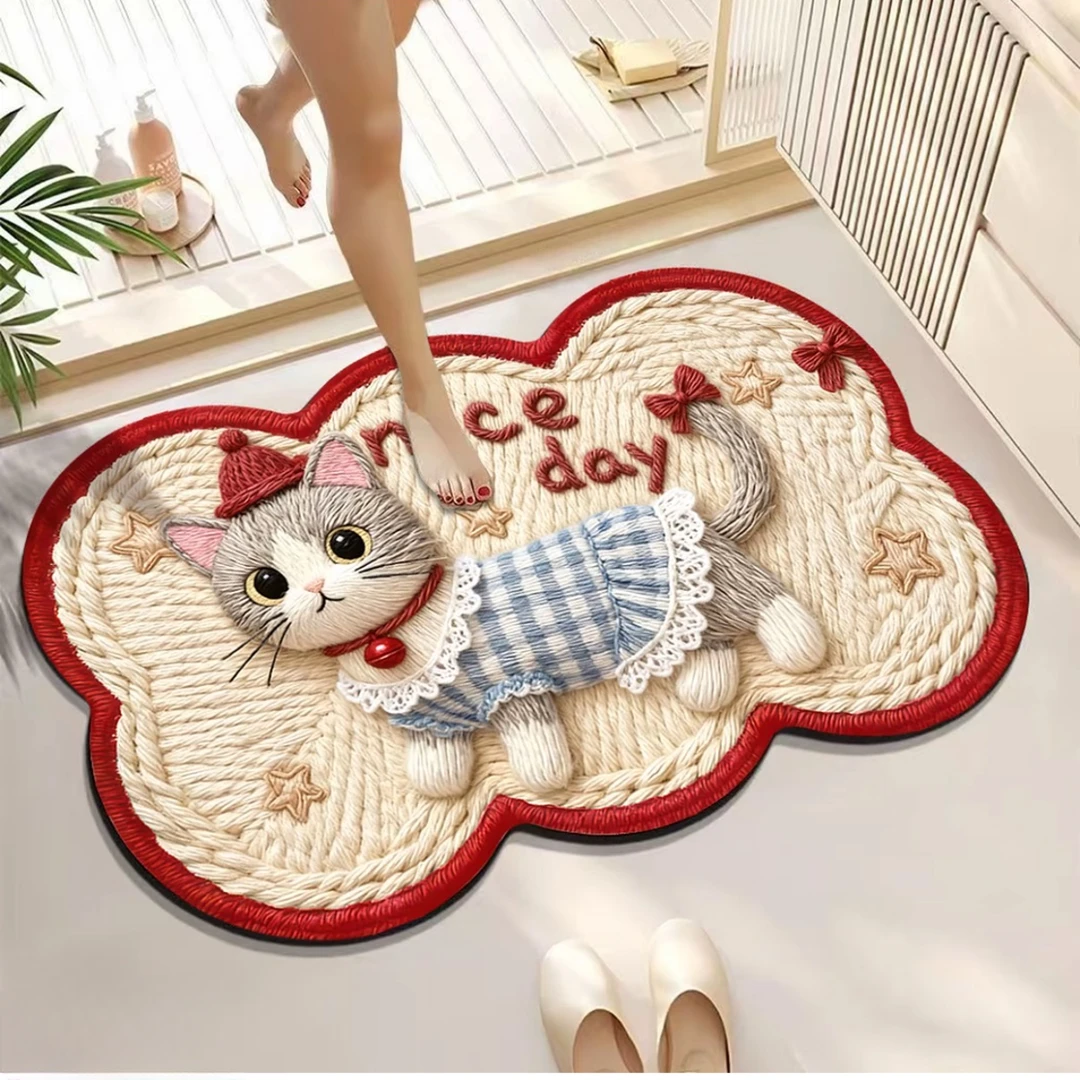 【60*90cm】毛线编织视觉感红边小猫地垫防滑门厅洗手间厨房脚垫