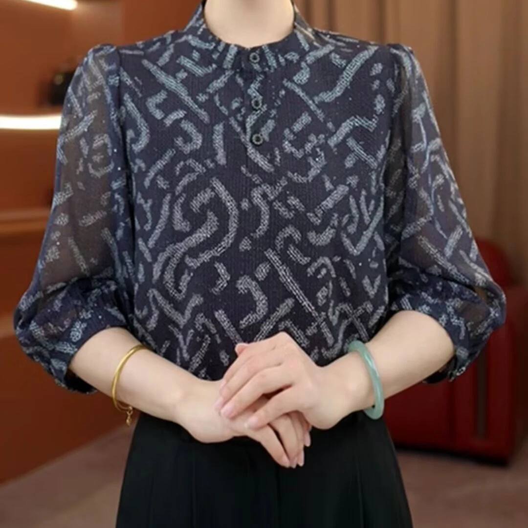 【洒银】夏天透气薄款七分袖冰丝衬衫大码胖mm宽松显瘦雪纺防晒小衫