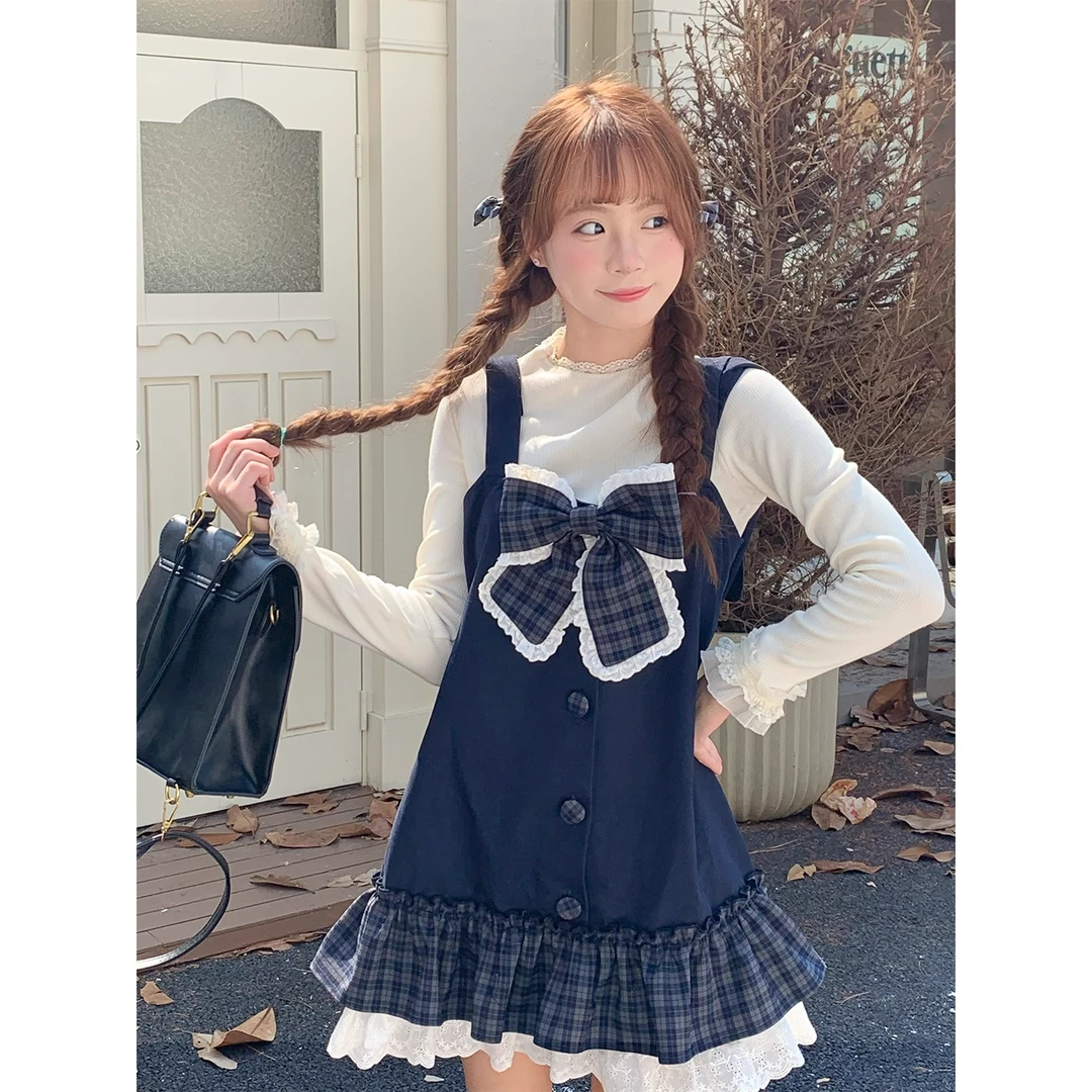 sinsingirl 青绒牧歌 藏青色格子连衣裙套装 连衣裙+打底衫