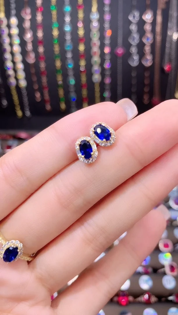 蓝宝石耳饰银S925镶嵌金色46