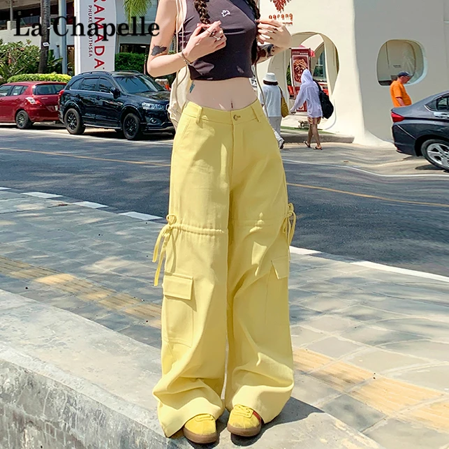 拉夏贝尔工装裤女爆款2025新款韩系多巴胺秋季高腰宽松显瘦直筒裤