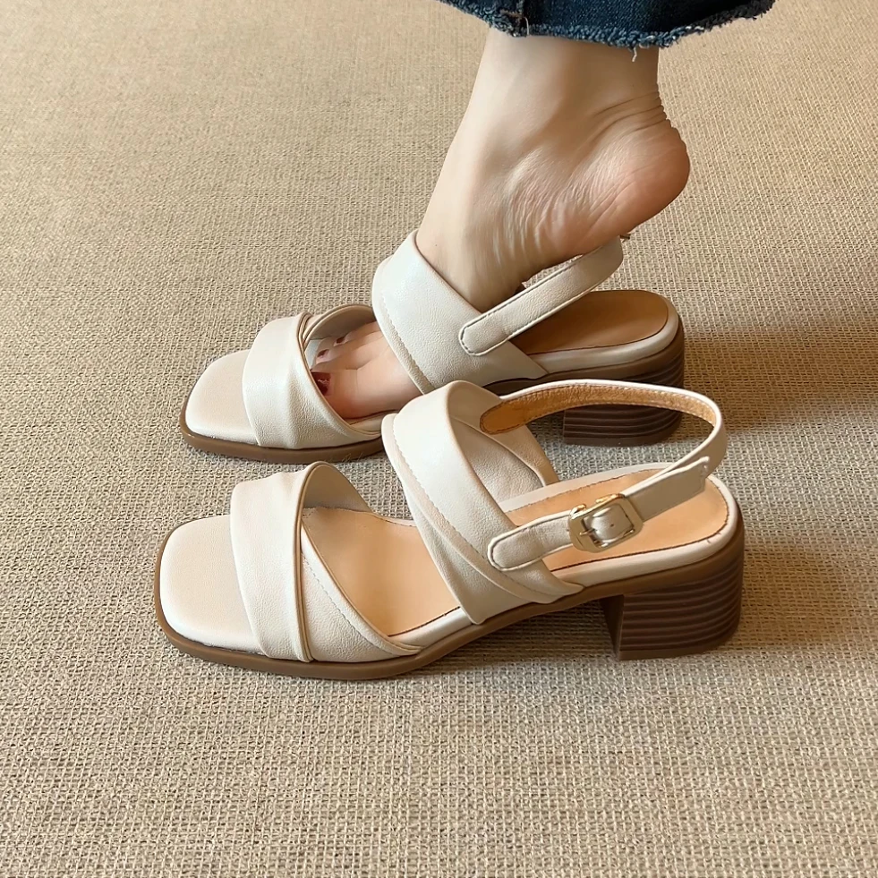 RubyL/5cm夏季法式百搭学院风舒适休闲通勤粗跟纯色露趾凉鞋女款