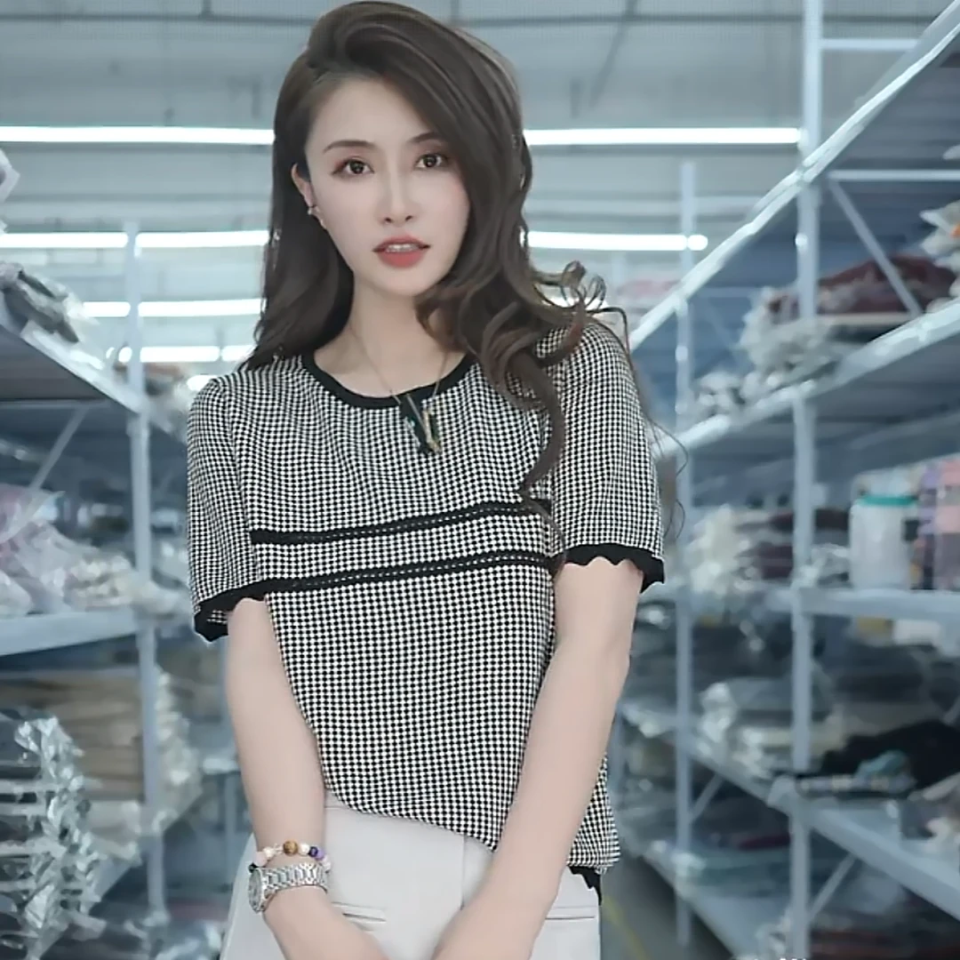 春夏季新款气质圆领千鸟格减龄百搭时尚针织开衫A159#