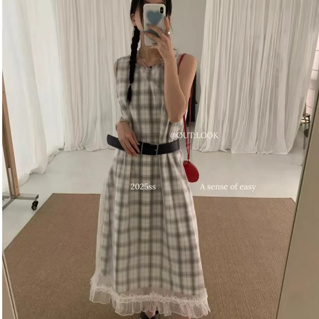 【格格】2025夏季新款时尚高级女装无袖格子连衣裙圆领设计感长裙