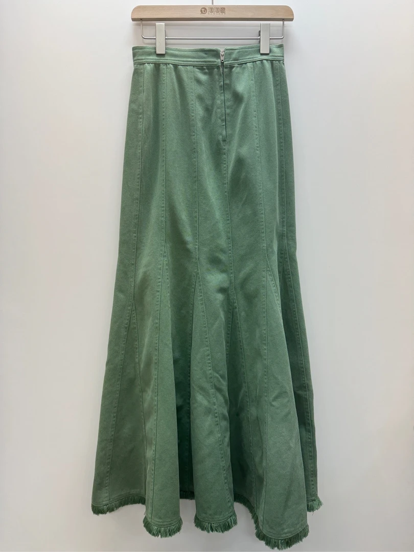99新 MaxMara CS001859 绿色流苏棉质半身长裙鱼尾裙 32码