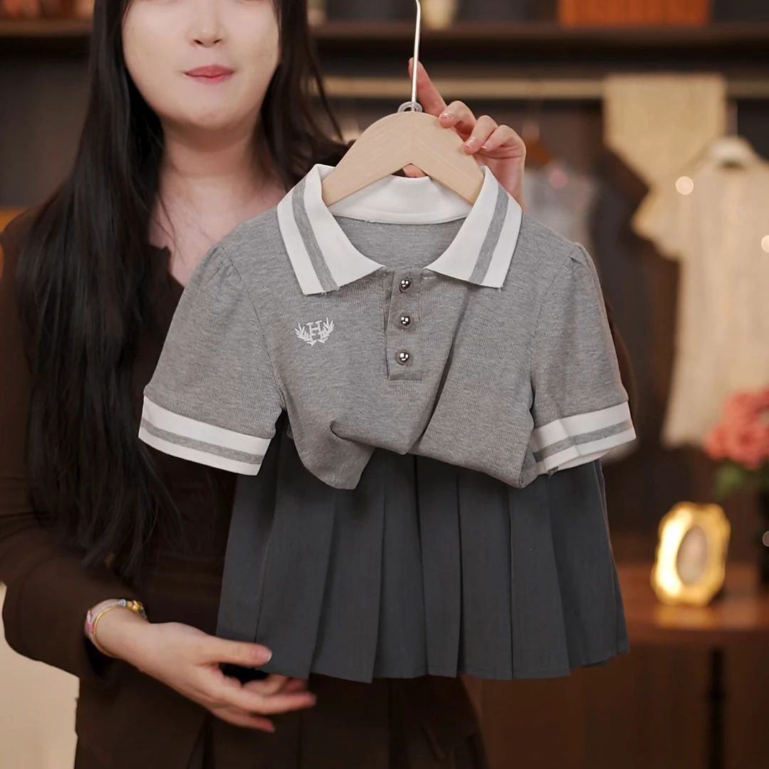 女童夏季新款休闲洋气上衣+百褶裙韩版两件套儿童百搭时尚套装