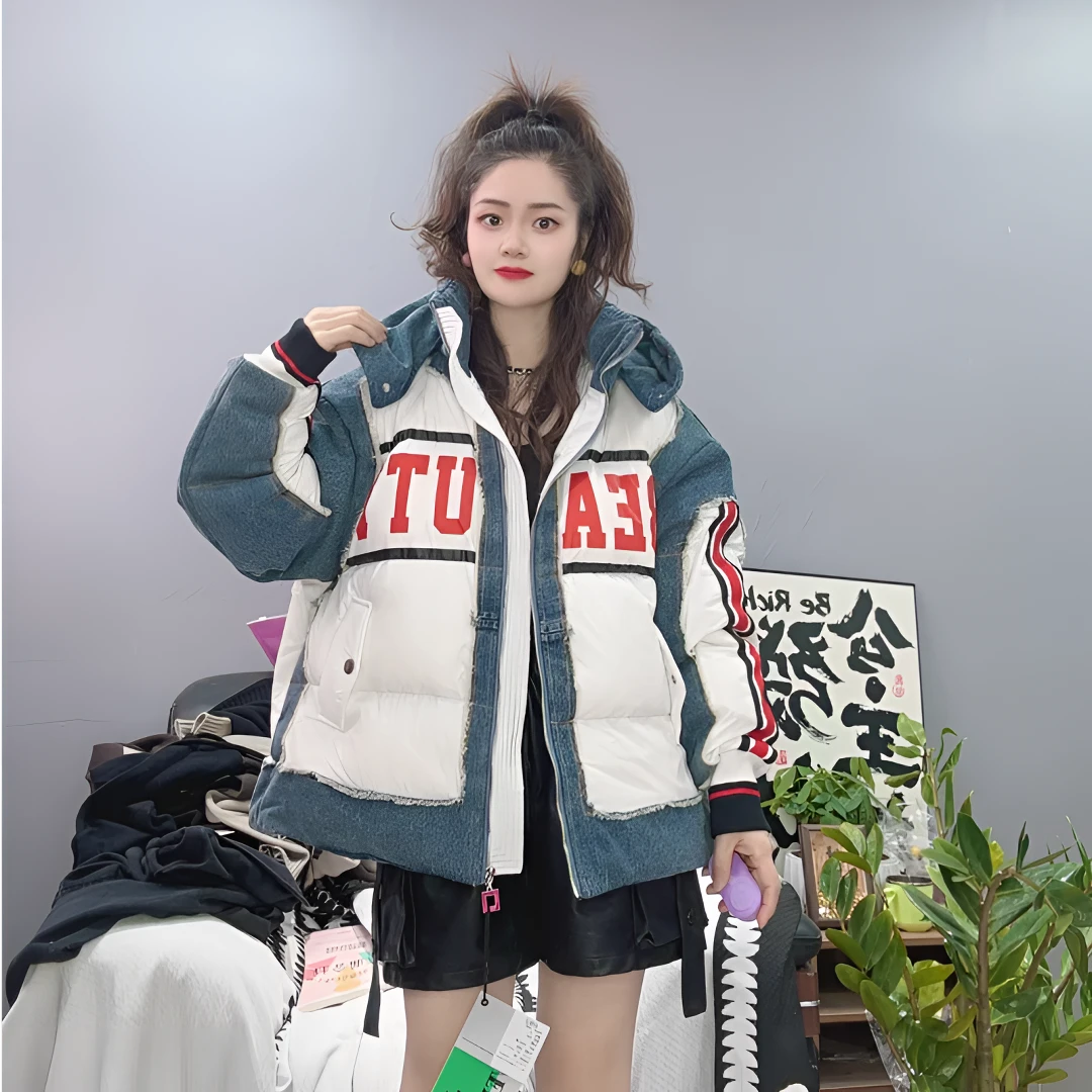 LY家26817#7+ 冬季字母印花牛仔拼接连帽加厚YURONG休闲百搭外套