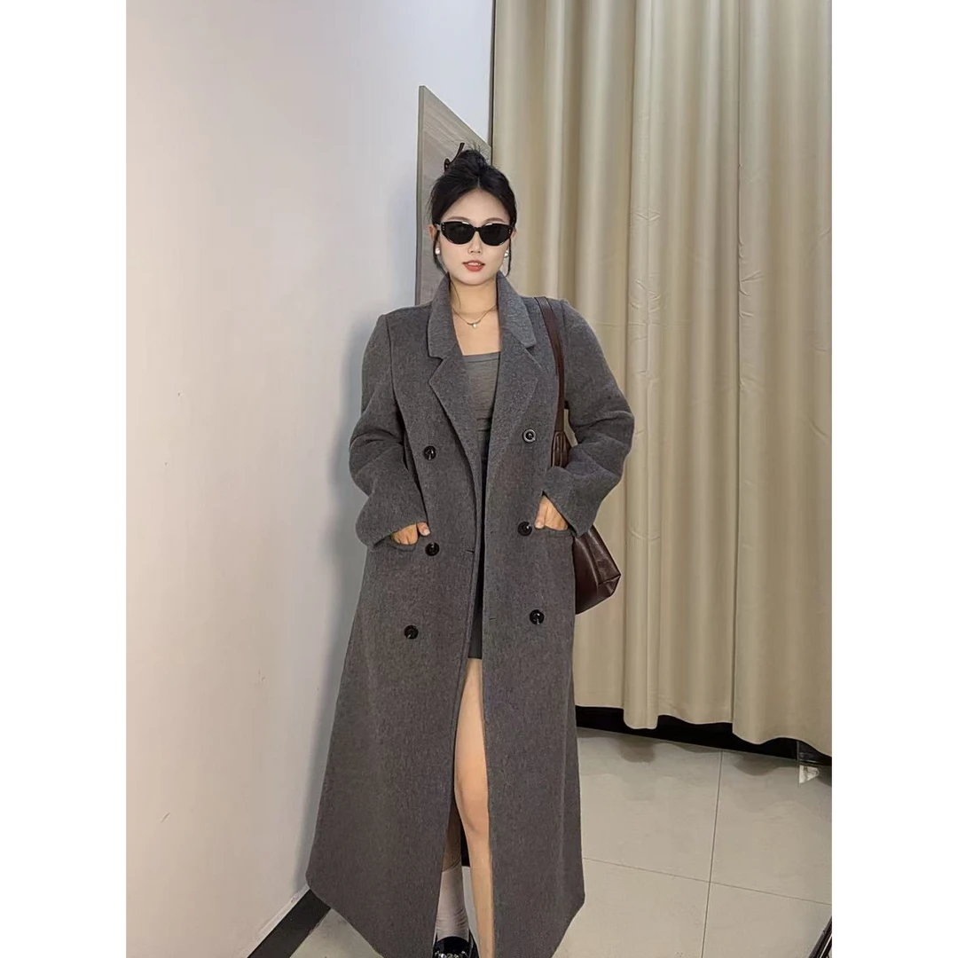 2025年秋冬新款显瘦显高气质过膝秋冬正肩毛呢超长羊毛大衣