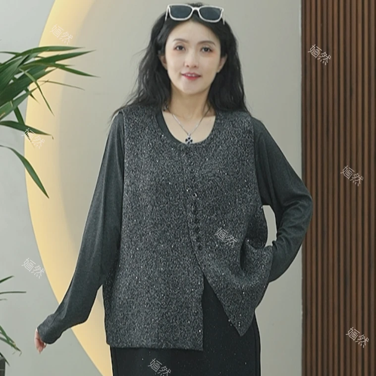 繁星洒落真两件绵羊毛马甲针织开衫亮片小香风两件套保暖上衣大码