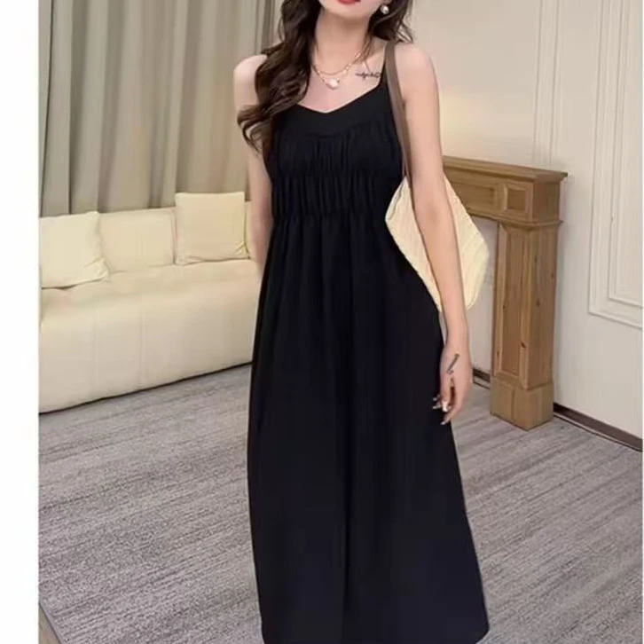 2024夏季时尚百搭显瘦吊带裙褶皱女裙子气质洋气连衣裙9177长104
