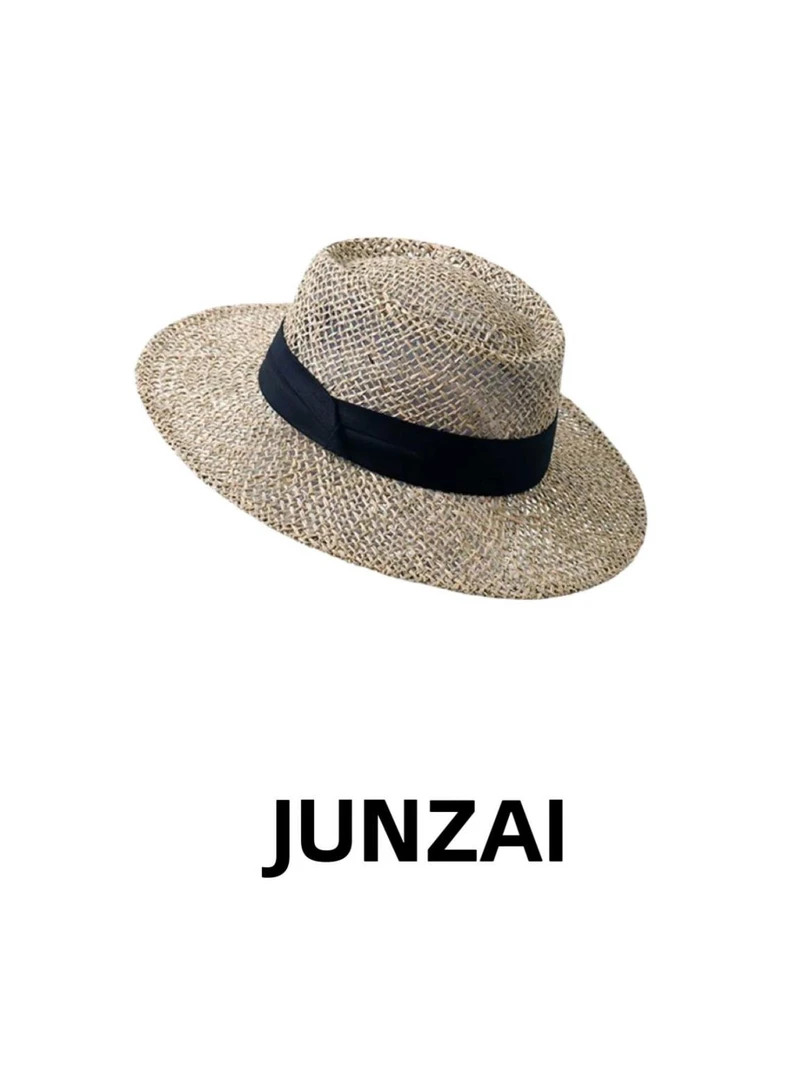JUNZAI法式平顶编织草帽女春夏海边度假拍照出片遮阳草帽