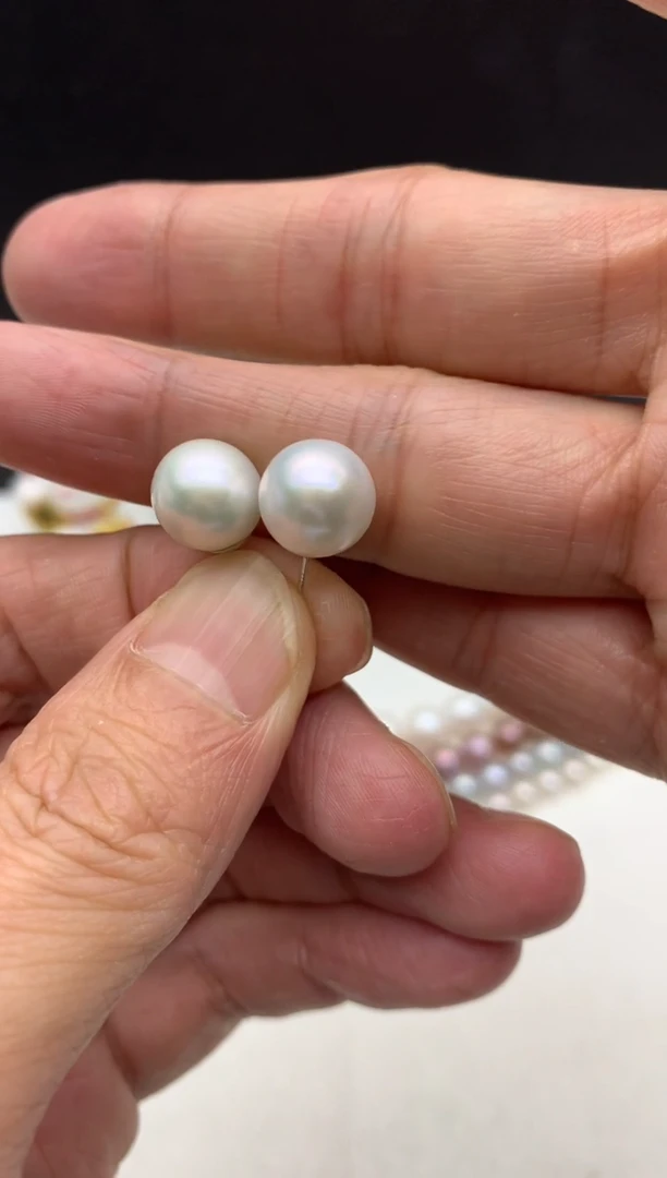 铂Pt950镶嵌ff淡水珍珠白珠耳饰10~11mm