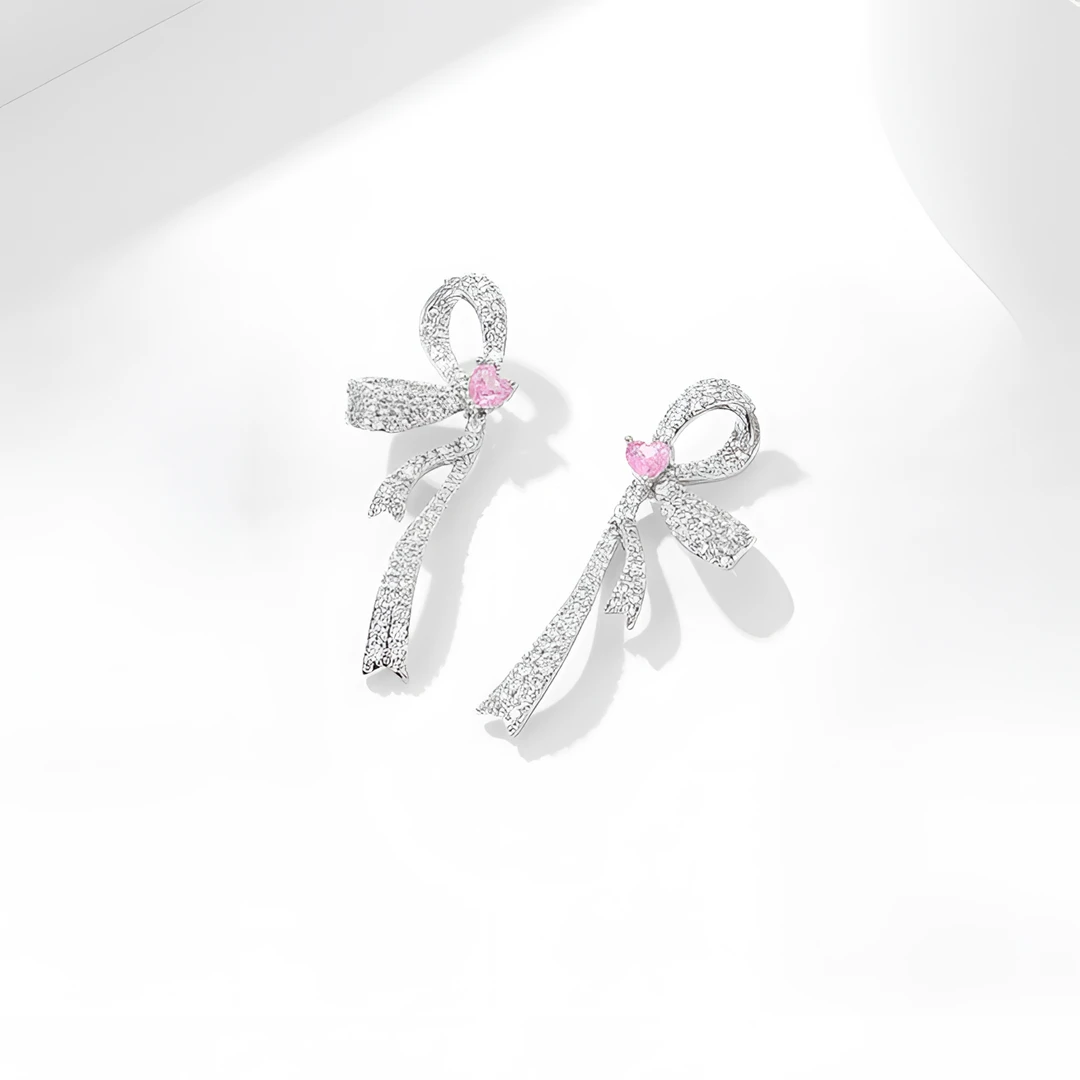 黄铜锆石耳饰 轻奢设计感小众蝴蝶结丝带耳环女精致超仙时尚耳饰