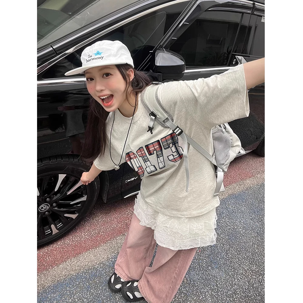 时尚感韩版短袖T恤女字母贴布百搭宽松重磅半袖上衣美式复古t恤