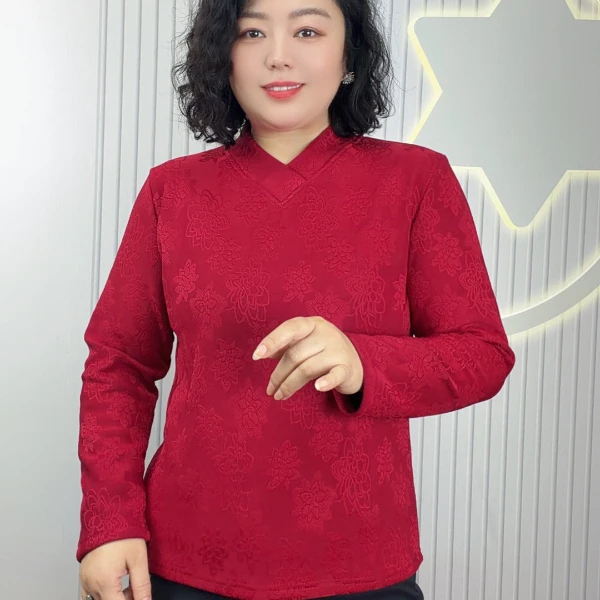 2025款冬季大码加厚加绒V领纯色显瘦遮肉外穿内搭长袖漂亮妈妈装