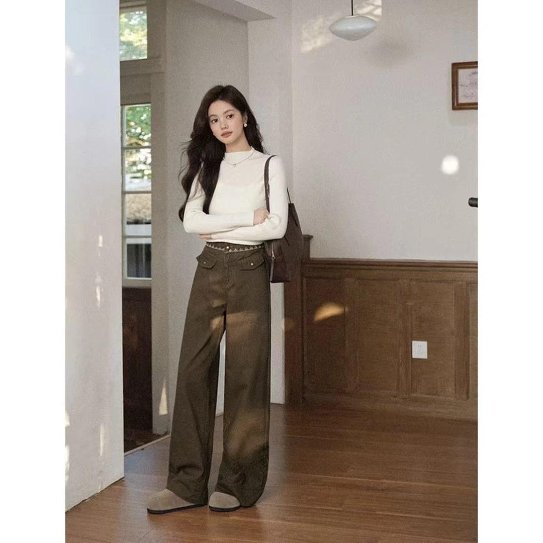 牛仔裤棕色窄版直筒裤设计感高腰女时尚秋季长裤