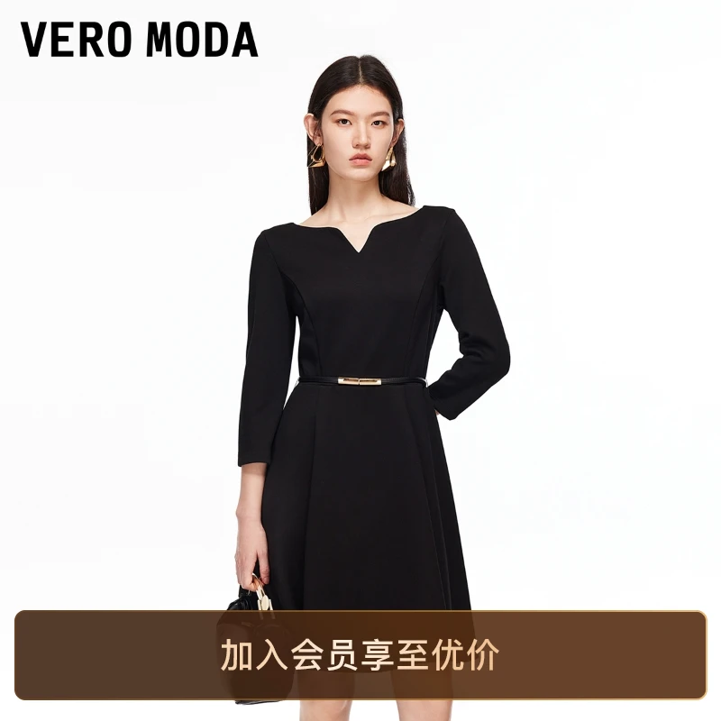 Vero Moda连衣裙2025新款V领腰带设计七分袖中长裙老钱风松弛感