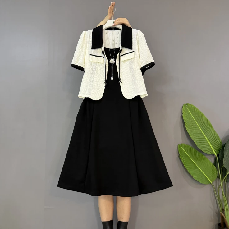 新款大码时尚洋气微胖遮肉优温柔气质小香风两件套套装