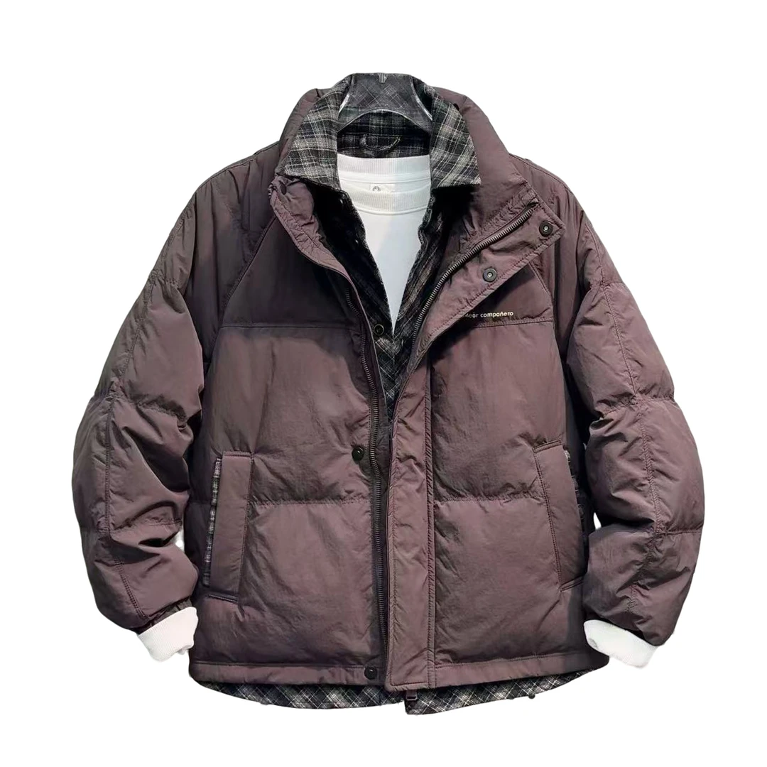 2025冬季翻领假两件收口袖时尚帅气保暖防寒羽绒外套男士