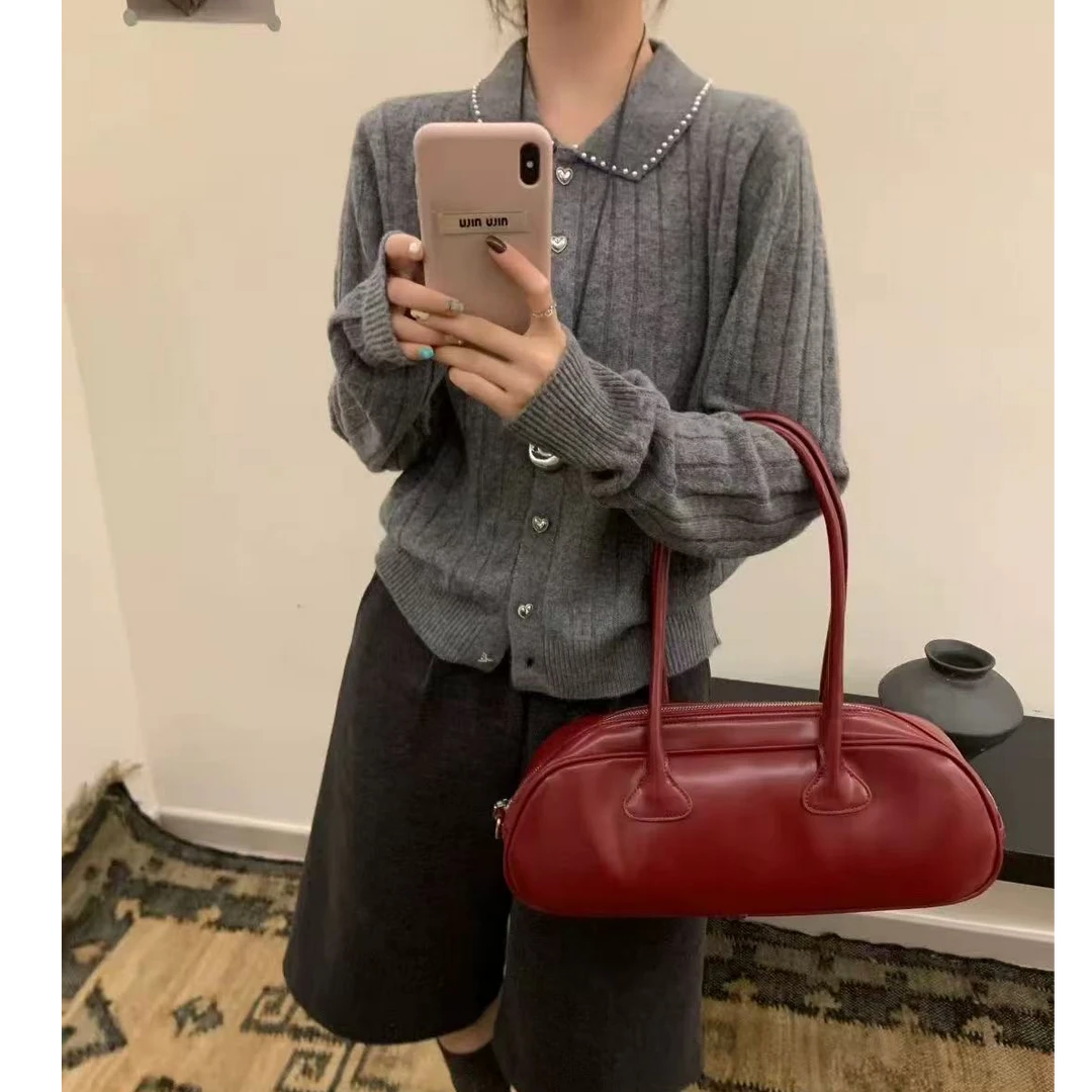 【手工压珠】拼色翻领秋冬爱心扣针织开衫女毛衣气质宽松上衣