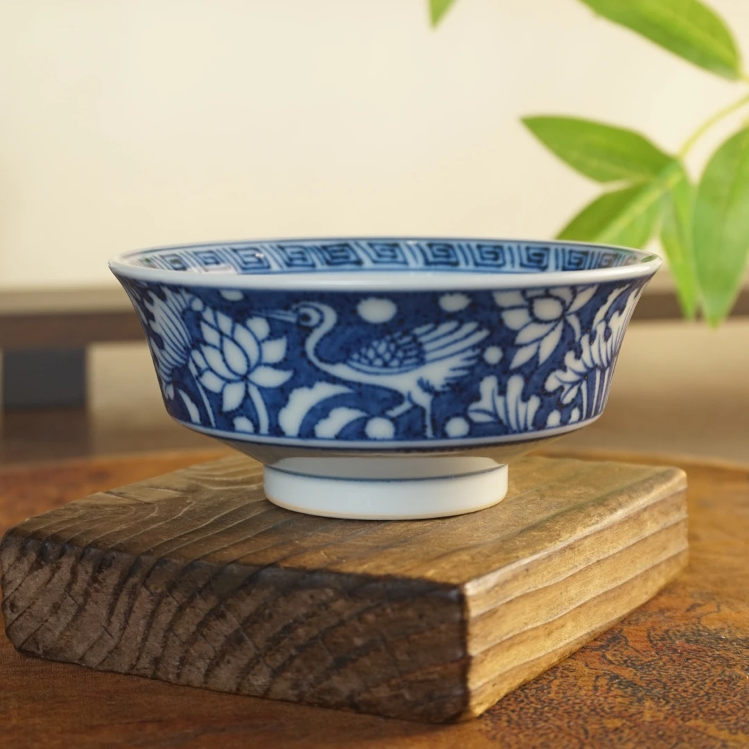 望月御品仿明手绘柴窑串珠纹一鹭连科釉下青花马蹄杯纯手工景德镇