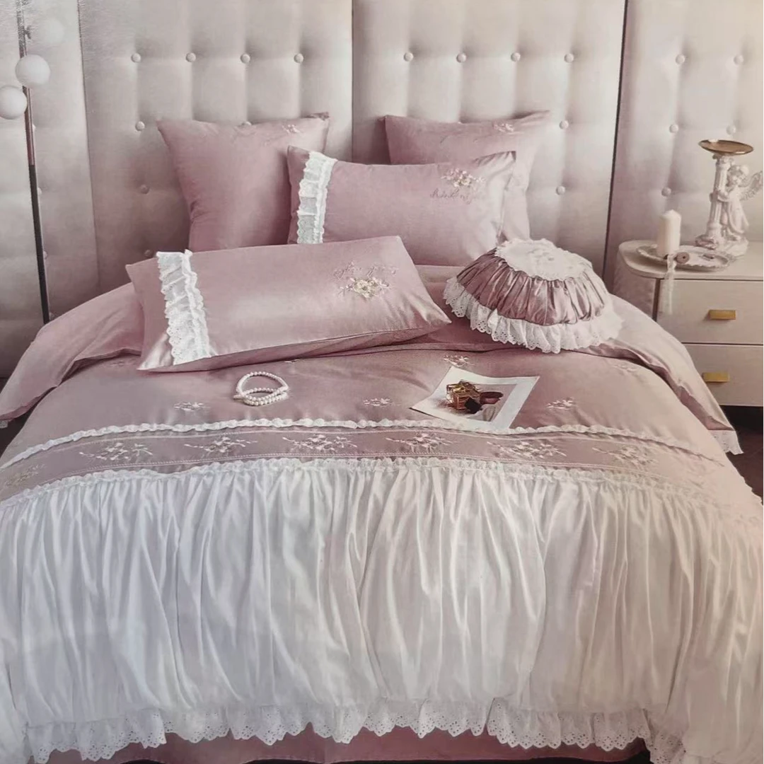 轻奢高级感法式刺绣高支高密全棉贡缎花边四件套