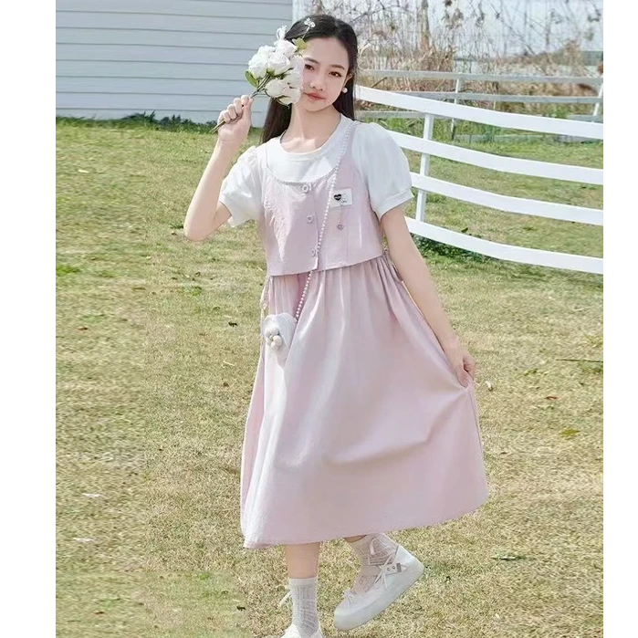 夏季新款学院风女大童假两件连衣裙女孩夏装甜美zb5582田范KIDS