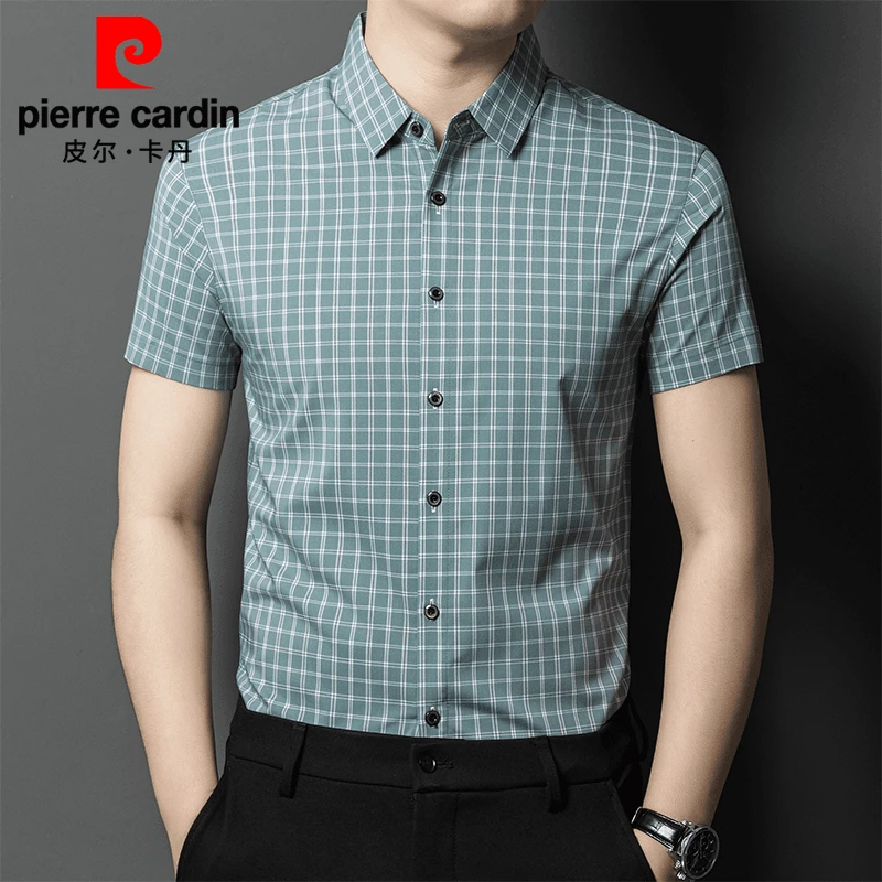 皮尔卡丹正品男士短袖衬衫2024新款中年男士高档格子休闲免烫衬衣