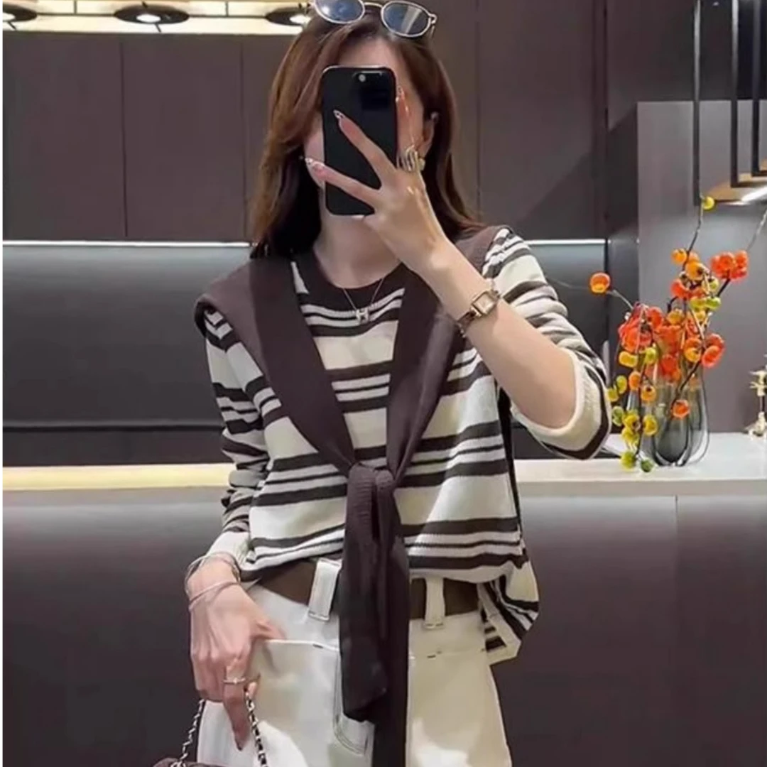 韩版复古撞色条纹披肩针织衫女秋冬新款气质慵懒风百搭长袖上衣潮