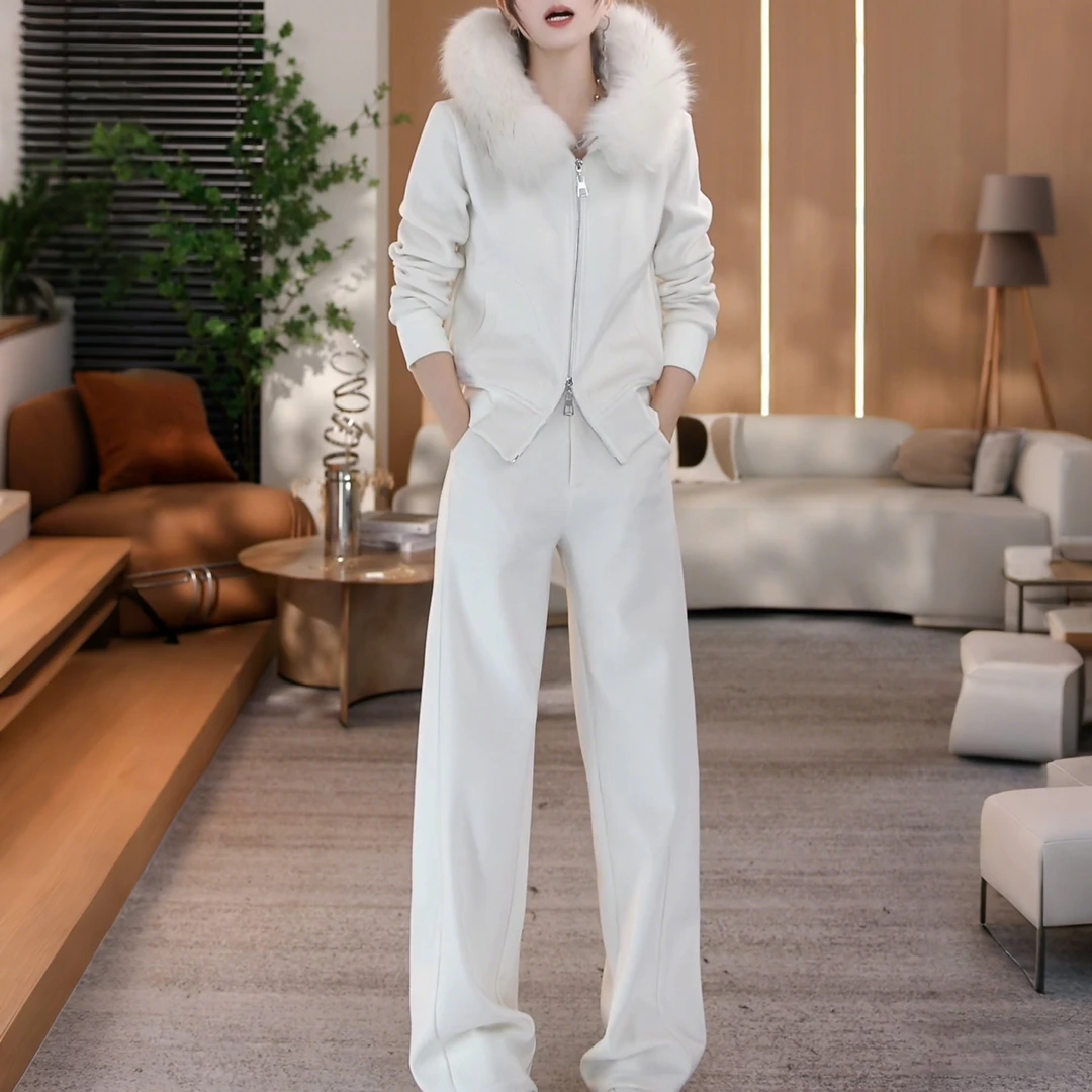 巨好看的冬装一整套可拆卸毛领加绒拉链开衫上衣阔腿裤时尚两件套