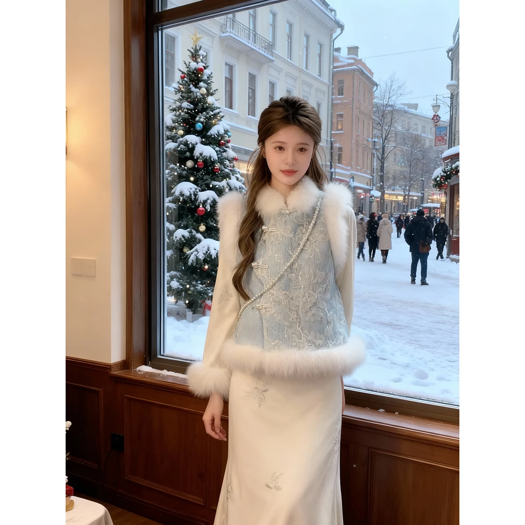 新中式时尚套装女冬季禅意女装国风盘扣马甲加绒旗袍连衣裙两件套