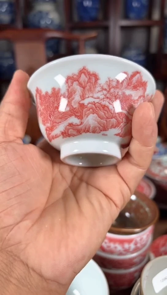 柴窑釉里红山水压手杯杯