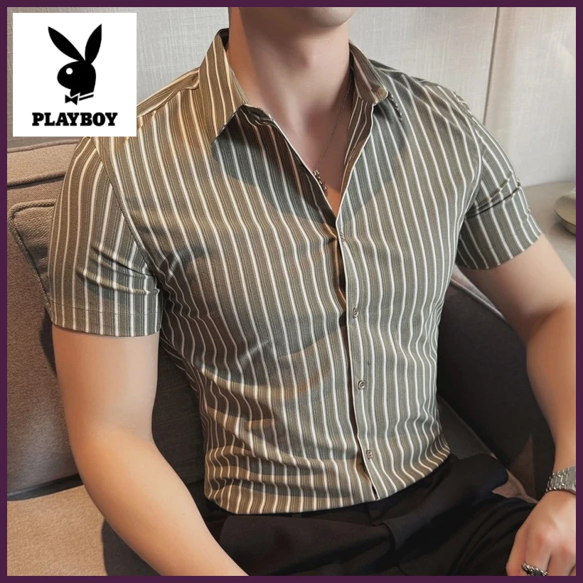 花花公子冰丝短袖衬衫男士夏季潮流竖条纹修身拼休闲上衣宽松夏季