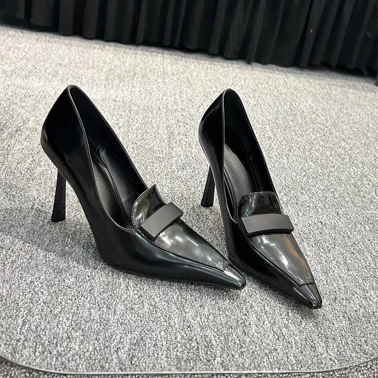 San· 杨树林2025春秋新款黑色尖头高跟鞋女细跟单鞋职业通勤皮鞋