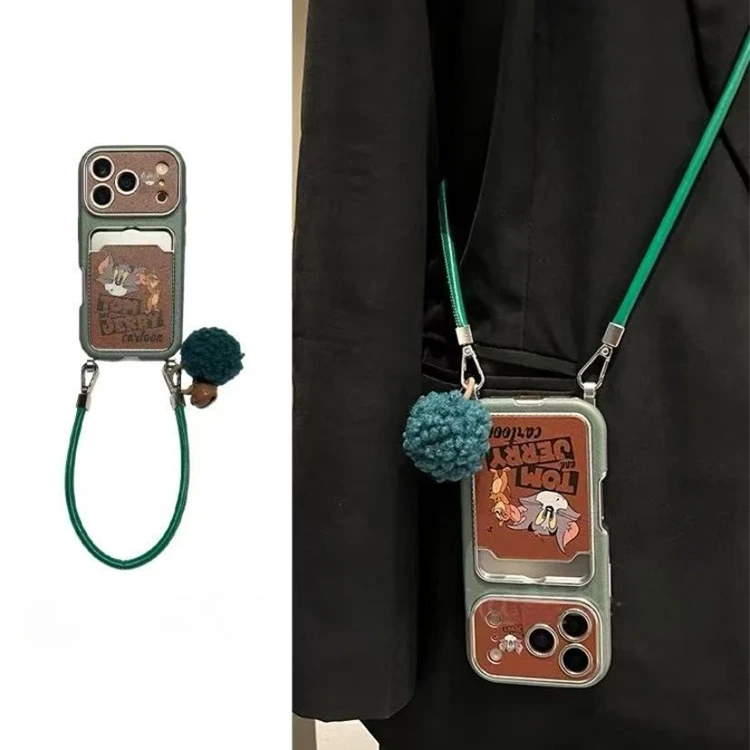 卡通绿底猫和老鼠卡包毛球适用iPhone17pro手机壳苹果16pro新款15